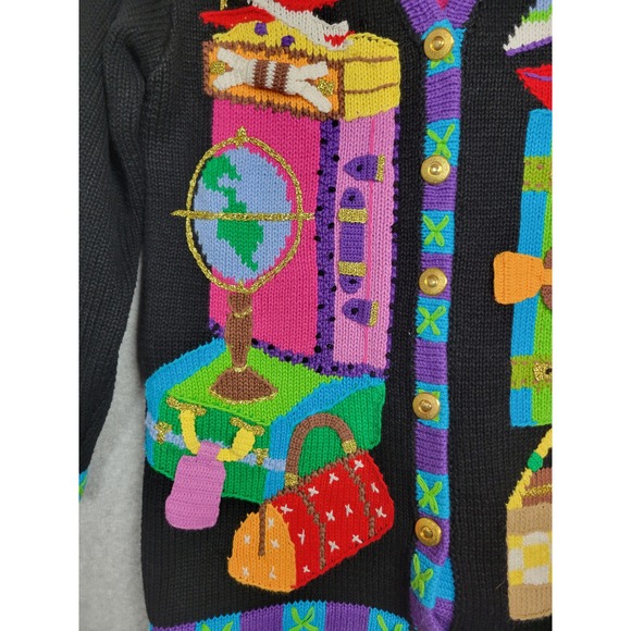 Storybook Knits Vintage Travel Cardigan Medium Black Suitcase Globe Sailboat - Picture 4 of 13